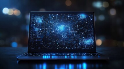 Wall Mural - Futuristic Laptop Display with Glowing Circuits and Data Visualization