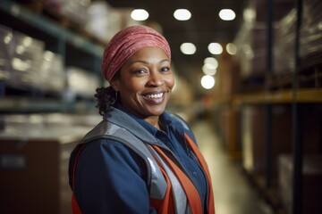 Canvas Print - Portrait of a smiling middle aged female warehouse worker