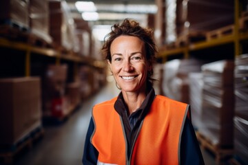 Wall Mural - Portrait of a smiling middle aged female warehouse worker