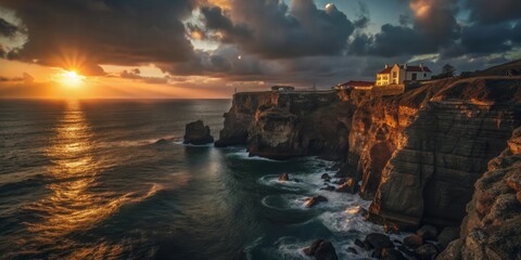 Waves crashing on a rocky coastline at sunset with a dramatic sky