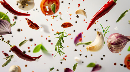 Assorted vegetables and spices arranged on a white background.