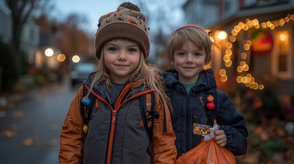 Wall Mural - Children in colorful Halloween costumes trick-or-treating in a suburban neighborhood, with houses decorated for the holiday in the background.