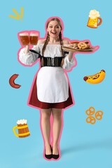 Poster - Beautiful Octoberfest waitress with beer and snacks on blue background