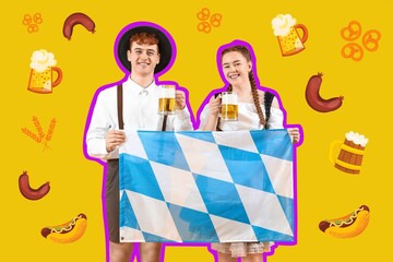 Poster - Young couple in traditional German clothes, with beer and Bavarian flag on yellow background