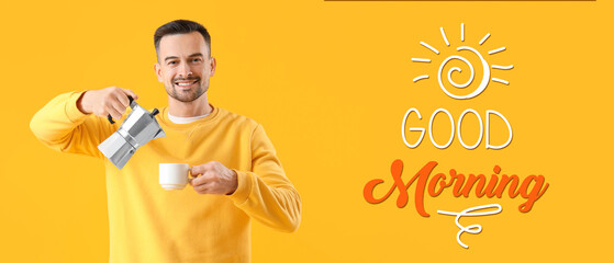 Sticker - Handsome man pouring espresso from geyser coffee maker into cup on yellow background