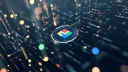 Wall Mural - a 3d search engine logo surrounded by floating data clusters, symbolizing the central hub of digital