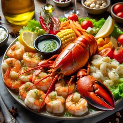 Steamed red lobster on a wooden cutting board with parsley and lemon