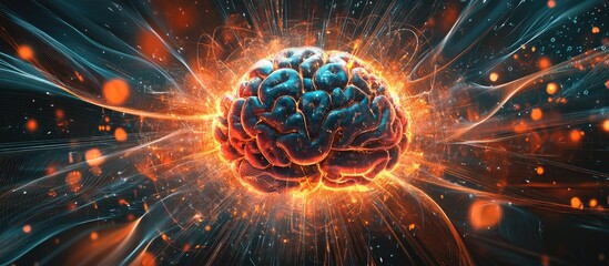 2D illustration depicting the concept of thought featuring a brain background and abstract representation of artificial intelligence and technology