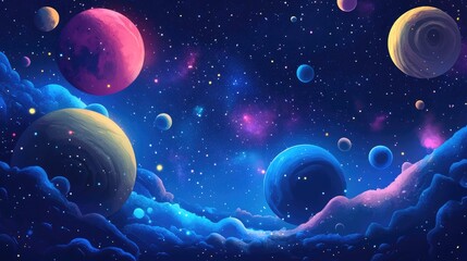 2D illustration of a cartoon style cosmic background Deep space scene featuring stars planets and moons A variety of imaginative science fiction backdrops and space themed art