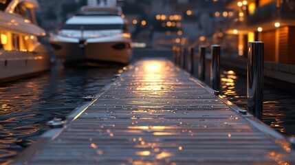 Wall Mural - photo, edge of a dock right before the dock ends, there is water and a small yacht