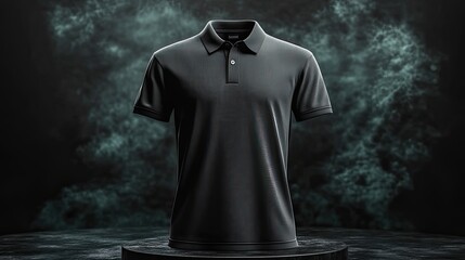 3D Mockup of a gray polo shirt, showing both the front and back of the shirt on a pedestal, black background with smoke.