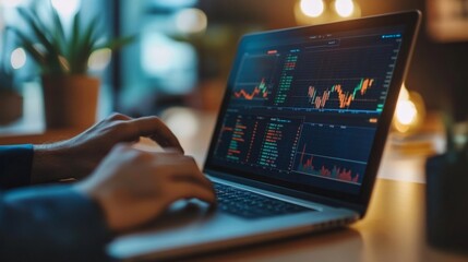 Fototapete - A financial analyst working on a laptop with a screen displaying a complex, multi-line graph, set in a corporate environment with modern office decor.
