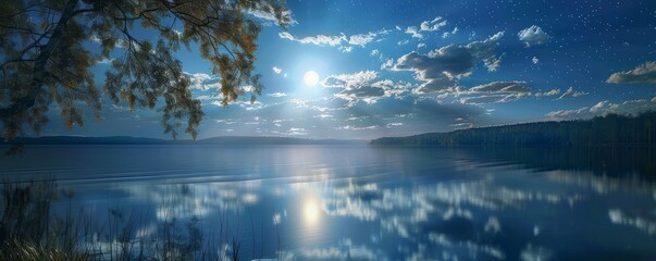 Sticker - A serene moonlit night reflecting on the calm surface of a lake, 4K hyperrealistic photo