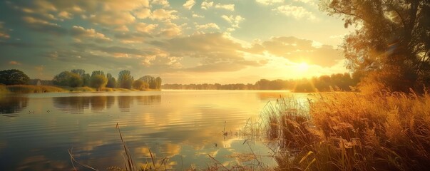 Wall Mural - Golden hour on a tranquil lake, 4K hyperrealistic photo