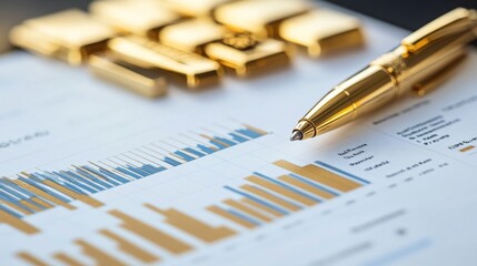 Fototapete - A financial dashboard on a computer screen displaying a comprehensive gold price graph, with a golden pen and notepad nearby, representing careful investment analysis.