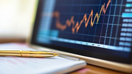 Fototapete - A financial dashboard on a computer screen displaying a comprehensive gold price graph, with a golden pen and notepad nearby, representing careful investment analysis.