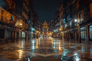 Wall Mural - A city street at night with a large building in the background