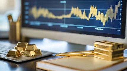 Fototapete - A financial dashboard on a computer screen displaying a comprehensive gold price graph, with a golden pen and notepad nearby, representing careful investment analysis.