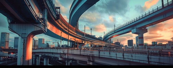 Elevated highway overpass with urban cityscape backdrop, 4K hyperrealistic photo