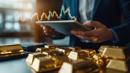 Fototapete - A financial professional analyzing a gold price chart on a tablet, with physical gold bars and a calculator on the table, symbolizing the relationship between data and tangible assets.