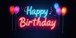 © SKIMP Art - Neon sign with text 'Happy Birthday' and party elements on a dark brick wall background colorful, glowing neon lights in the style of a retro style Generative AI