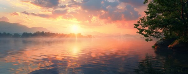 Wall Mural - Calm lakeside with a beautiful sunset, 4K hyperrealistic photo