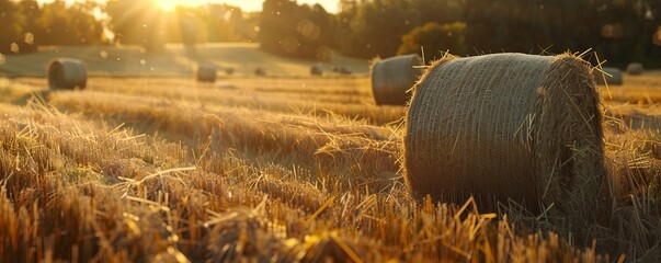 Wall Mural - Scenic hay bales in a freshly mown field, 4K hyperrealistic photo