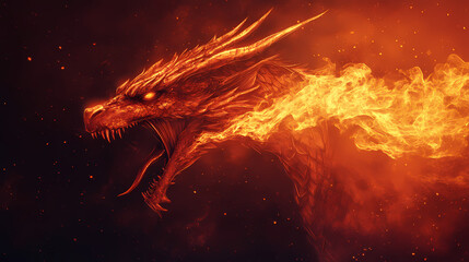 Wall Mural - Red dragon breathing fire. mythology creature. dark fantasy illustration. generative ai. Dragon. Illustration