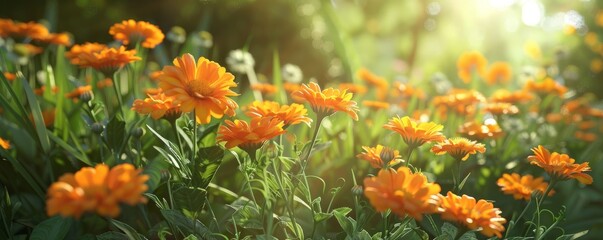 Wall Mural - Radiant marigolds in a vibrant summer garden, 4K hyperrealistic photo