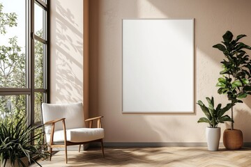 Poster Frame in Beige minimalist living room interior created with generative AI