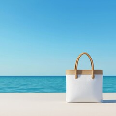 Minimalist summer beach bag, serene ocean backdrop and warm sunlight, 3D illustration