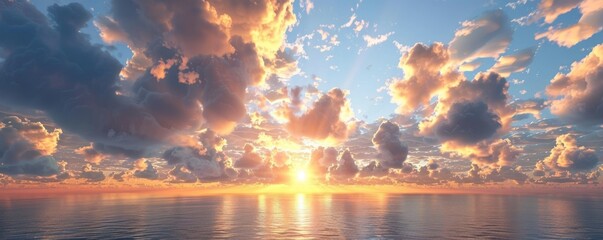 Wall Mural - Sunset sky with dramatic clouds over the sea, 4K hyperrealistic photo,