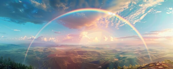 Wall Mural - A serene rainbow arching gracefully over the landscape, 4K hyperrealistic photo