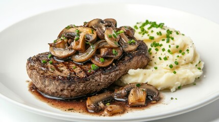 Canvas Print - A gourmet steak dish featuring a grilled sirloin topped with saut mushrooms and onions, served with mashed potatoes and a sprinkle of fresh chives, set against a plain white backdrop.