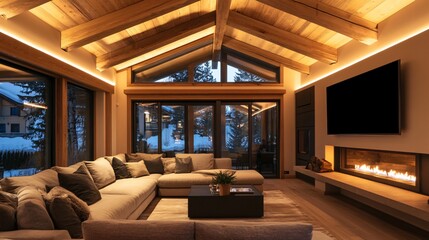 Wall Mural - A modern living room with exposed wooden beams on the ceiling, warm ambient lighting, and a cozy fireplace