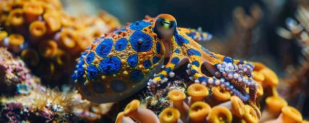 Wall Mural - Blue-ringed octopus camouflaged on reef, 4K hyperrealistic photo