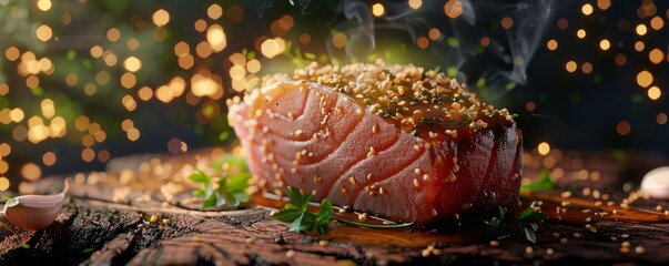 Wall Mural - Seared tuna steak with sesame seeds, 4K hyperrealistic photo