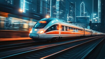 Poster - A high-speed train traveling at night, with city lights reflecting off its metallic surface and motion blur conveying the incredible speed at which it moves.