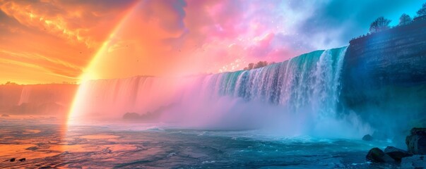 Wall Mural - Arc of colors over misty waterfall, 4K hyperrealistic photo