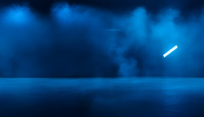 the dark stage shows dark blue background an empty dark scene neon light and spotlights the concrete floor and studio room with smoke float up the interior texture for display products