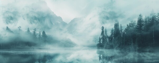 Sticker - A mysterious fog blanketing the landscape in a soft embrace, 4K hyperrealistic photo