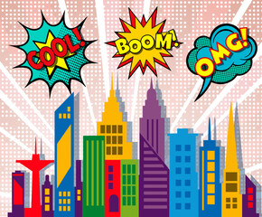 Colorful cartoon city skyline exploding with the words hug and boom in classic comic book style