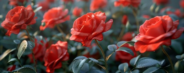 Wall Mural - Red roses in full bloom with thorny stems, 4K hyperrealistic photo