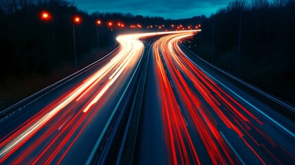 Aufkleber - A night scene of a motorway illuminated by streetlights, with the red and white streaks of car lights creating a dynamic pattern against the darkened surroundings.