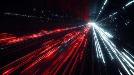 Fototapete - A night scene of a motorway illuminated by streetlights, with the red and white streaks of car lights creating a dynamic pattern against the darkened surroundings.