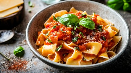 Wall Mural - A bowl of fresh pasta topped with tomato sauce and sprinkled with freshly chopped basil, served on a rustic table