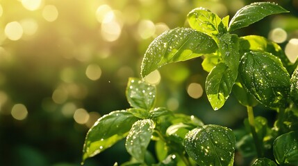 A close up of a basil plant growing in a garden, with dewdrops on the leaves and early morning sunlight