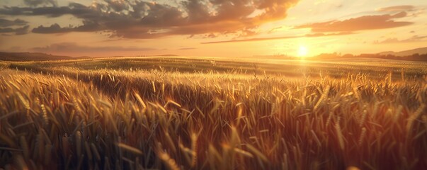 Wall Mural - Sunset over a field of barley, 4K hyperrealistic photo