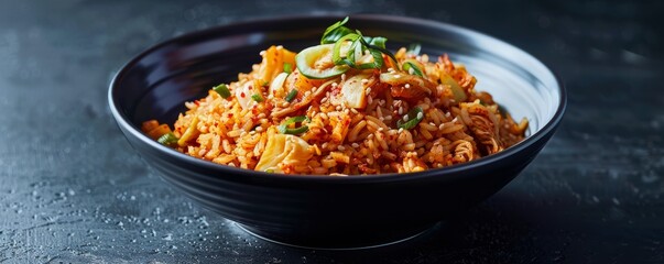 Wall Mural - Spicy kimchi fried rice in bowl, 4K hyperrealistic photo