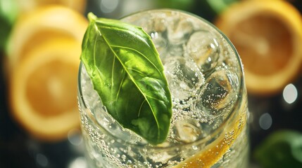 Wall Mural - A fresh basil leaf floating on top of a glass of sparkling water, with lemon slices in the background